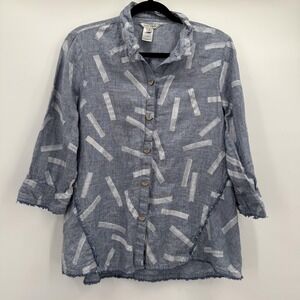 John Mark Shirt Womens Medium Blue Linen Geometric Button Front Tunic Top Fringe
